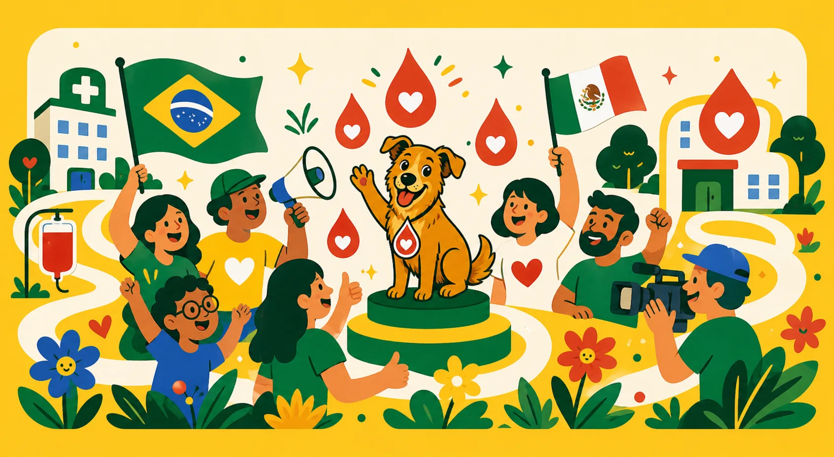 Ilustração de uma grande mobilização por doação de sangue entre Brasil e México